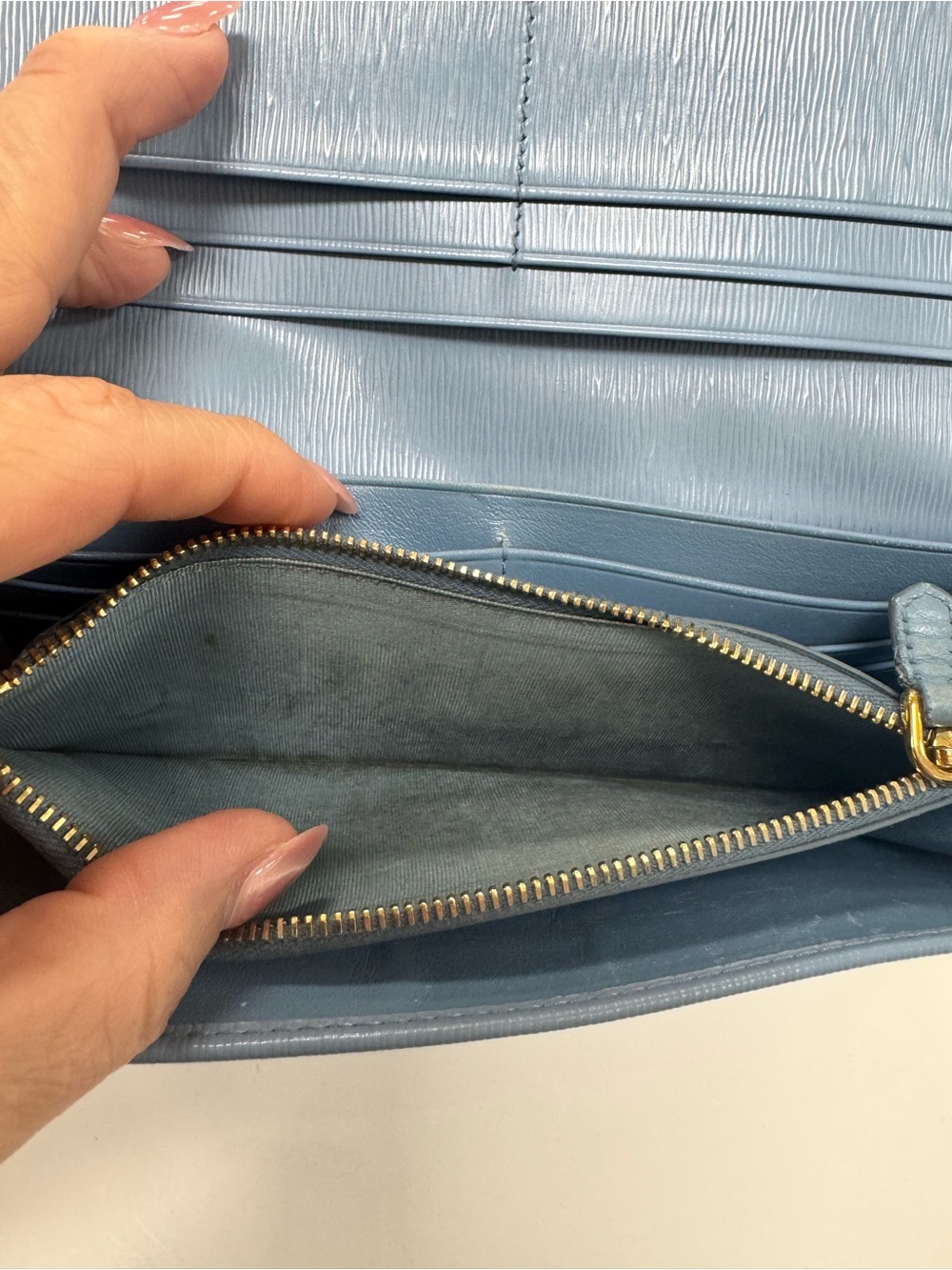 Prada Powder Blue Saffiano Leather Continental Wallet with Gold Logo - Picture 6 of 13